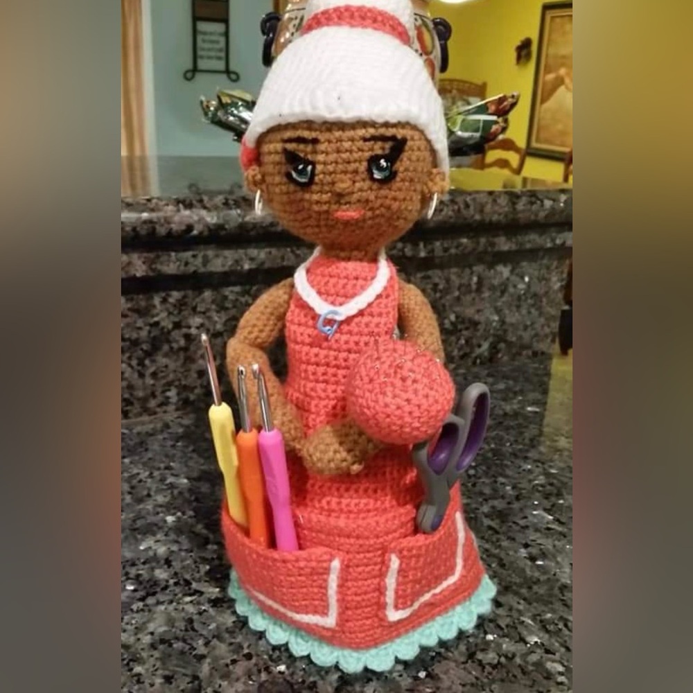 SOLD!!Handcrafted Crochet Sewing Doll Organizer - Multicolor
